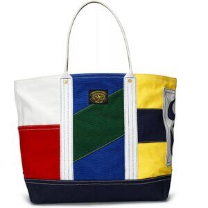 Polo Ralph Lauren Nautical Colorblock Canvas Tote Bag Leather Trim Beach Shopper